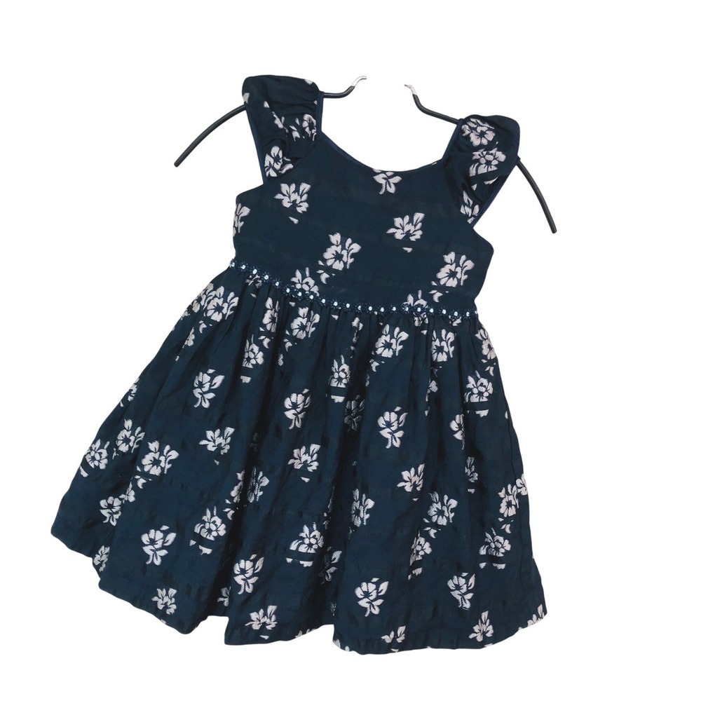 Laura Ashley London Navy Blue Jacquard Floral Dress Holiday Crinoline Girls 4